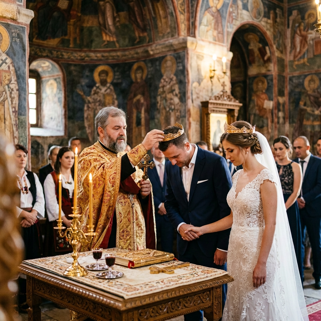 Priest crowning bride and groom during Orthodox wedding ceremony in church